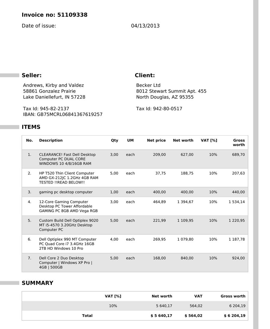 Invoice 51109338 from Andrews, Kirby and Valdez, total $ 6 204,19